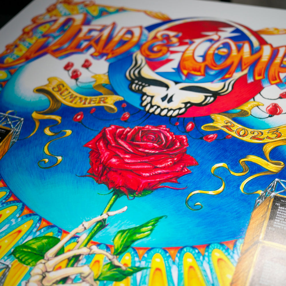 close up of dead and company poster with skeleton head and rose