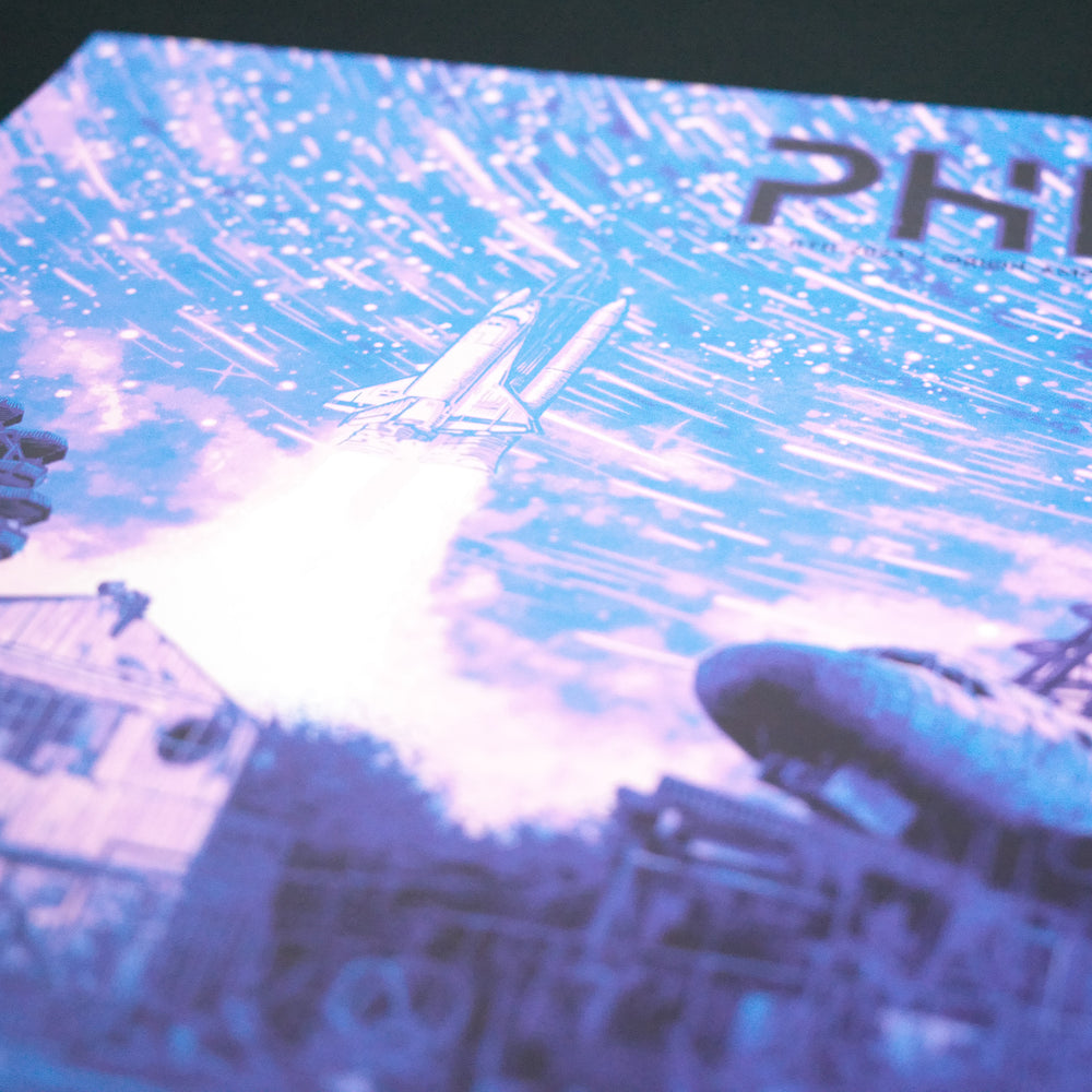 close up of daniel danger poster with spaceship in background