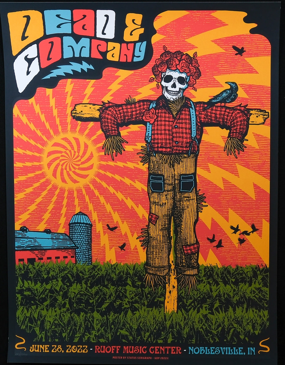 justin helton dead and company concert poster with scarecrow skeleton