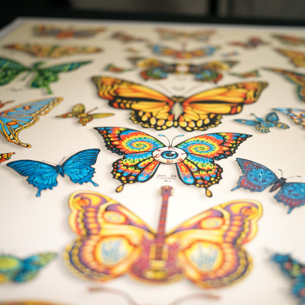 close up of emek dead and company poster with eyeball on butterfly