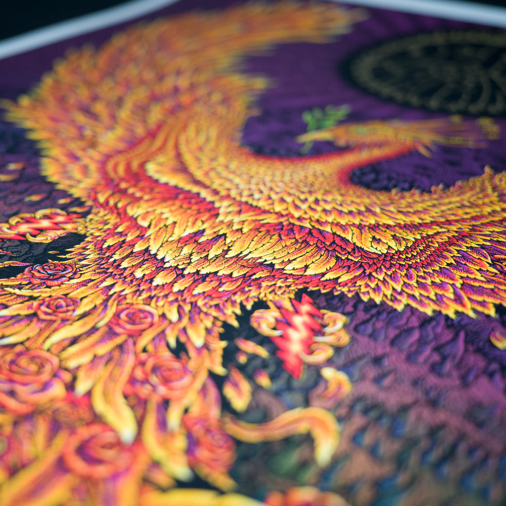 close up of emek dead and company poster with pheonix