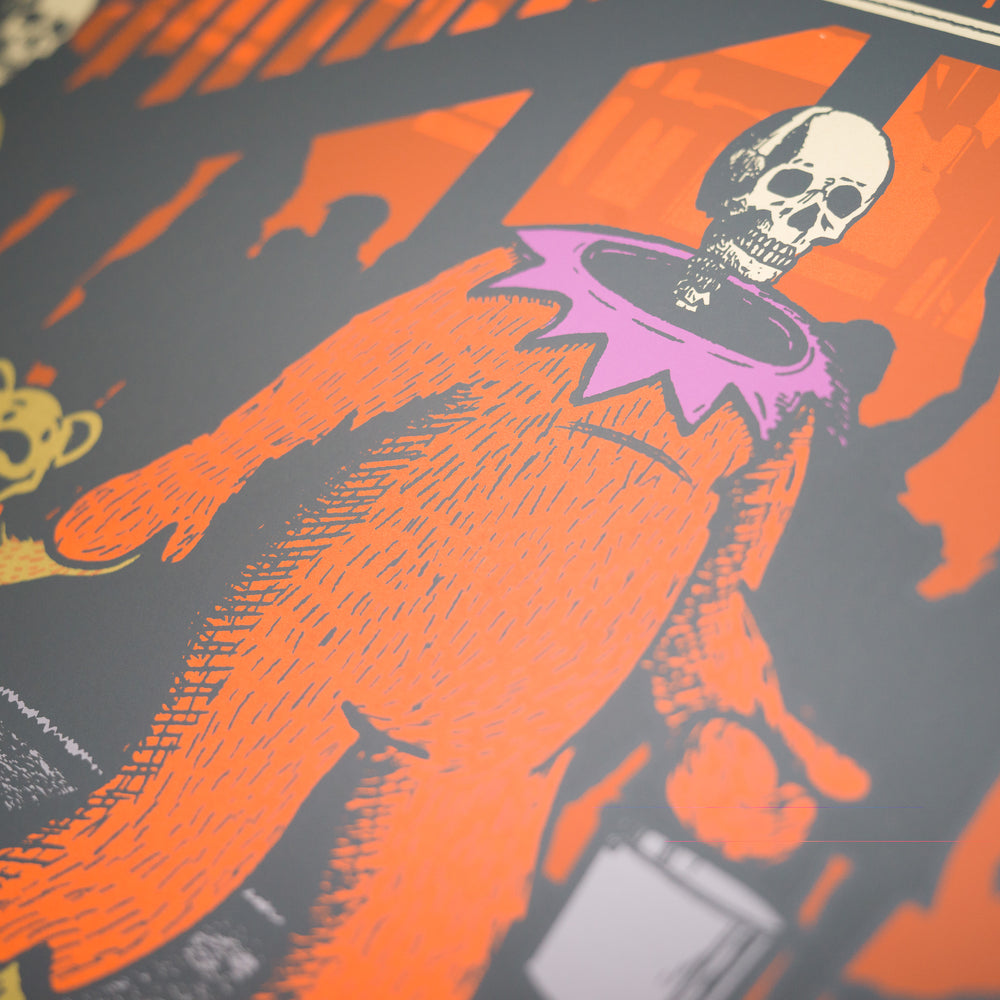 justin helton dead and company concert poster with skeleton