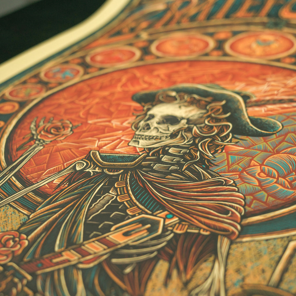close up of luke martin grateful dead poster with skeleton