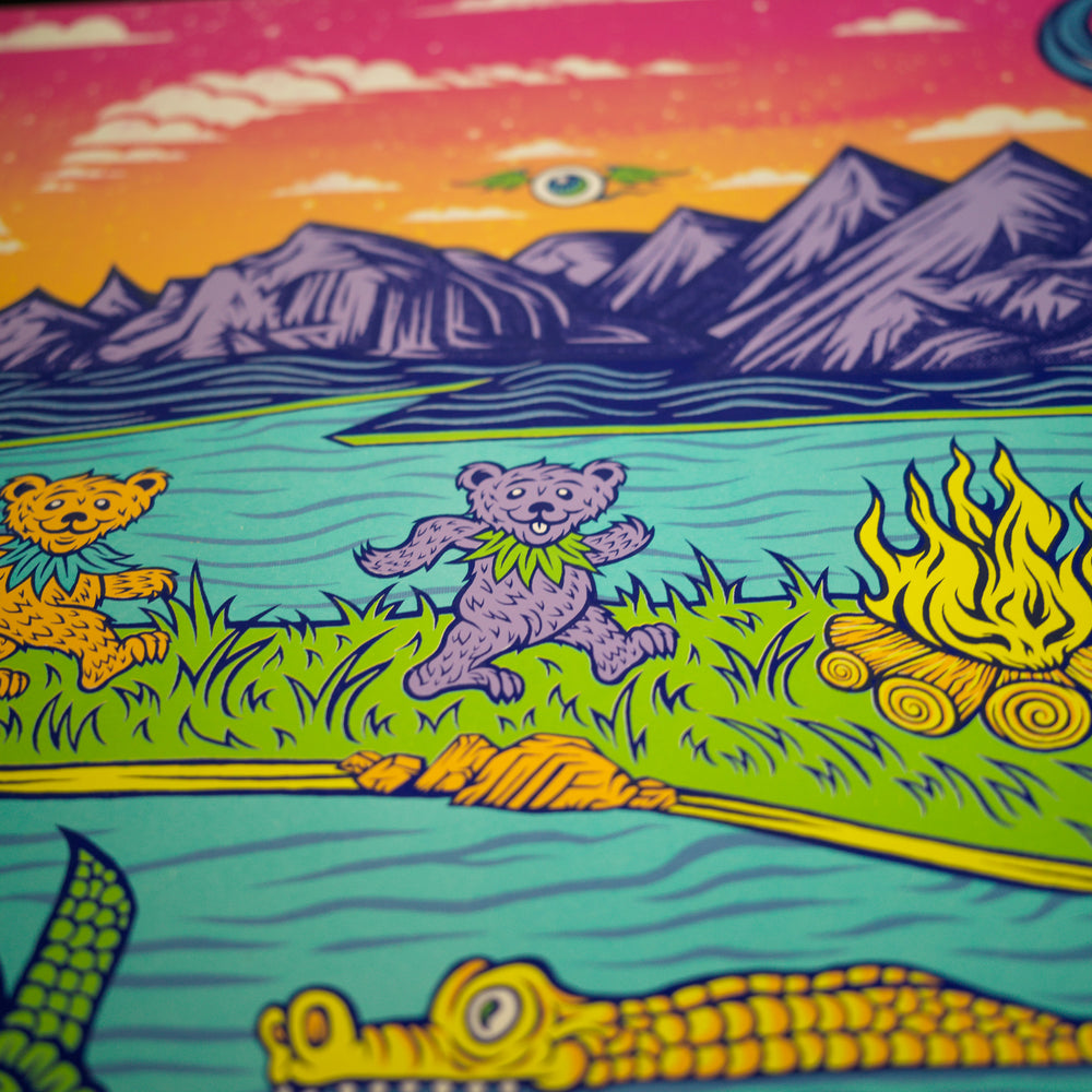 close up of micah hughes dead and company poster with purple bear
