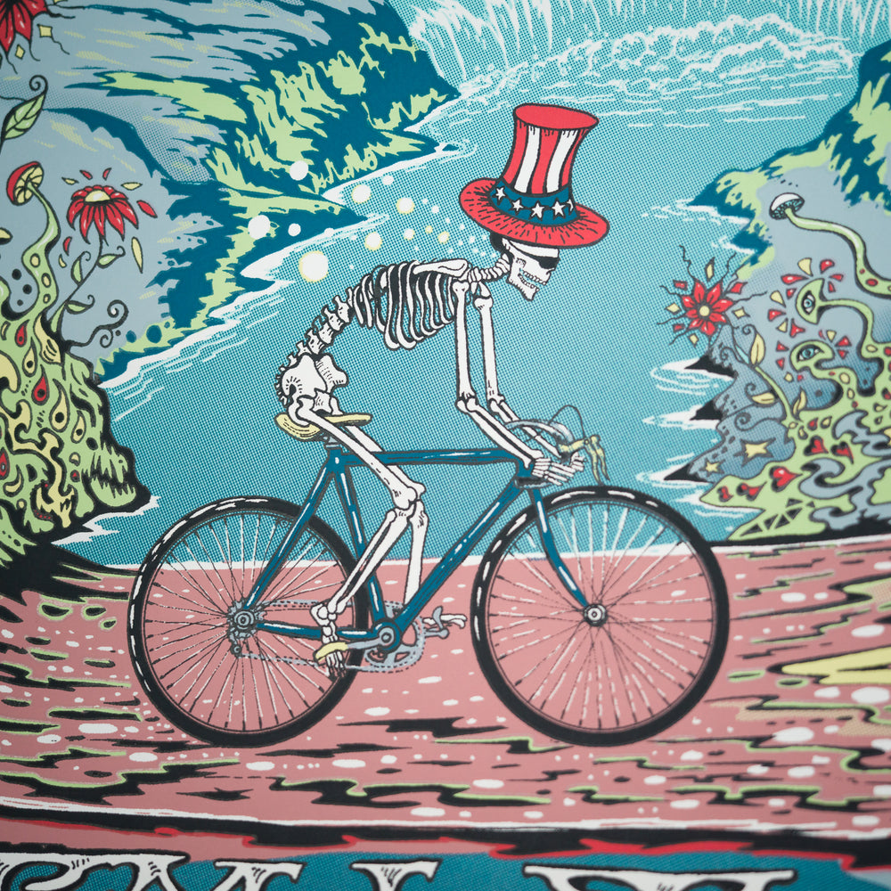 close up of mike dubois dead and company poster with skeleton riding bike