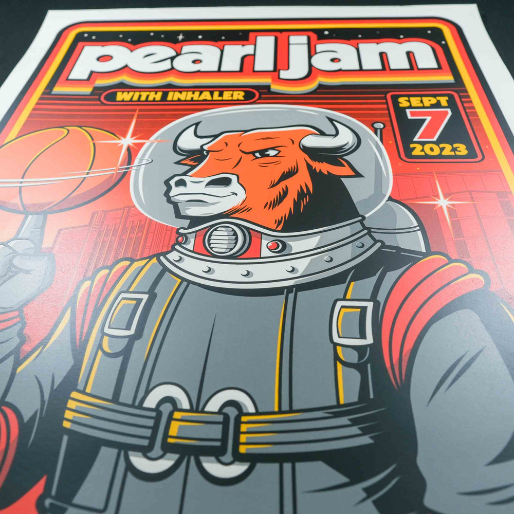 close up of rare dead pearl jam concert poster with red bull