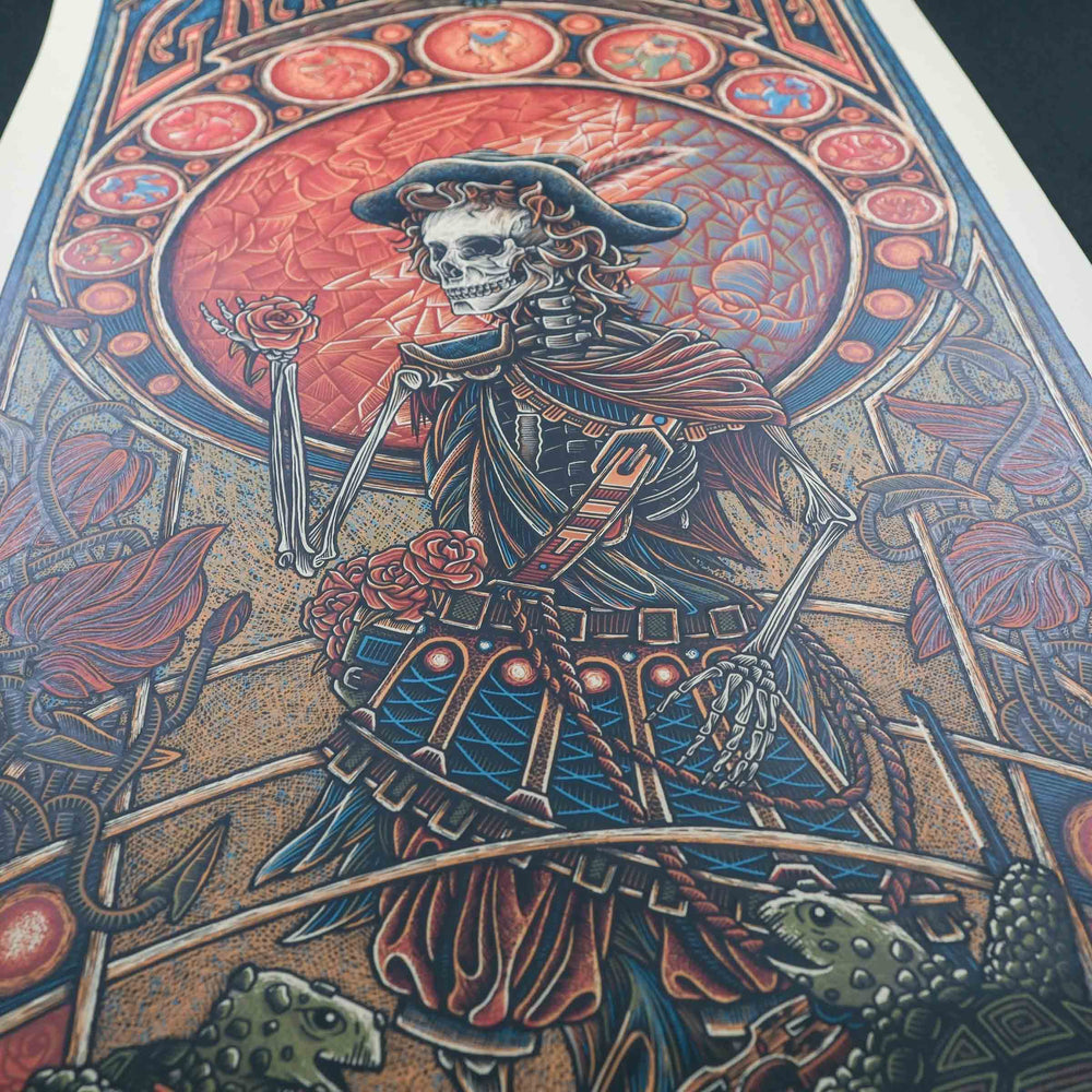 close up of rare dead concert poster with skeleton