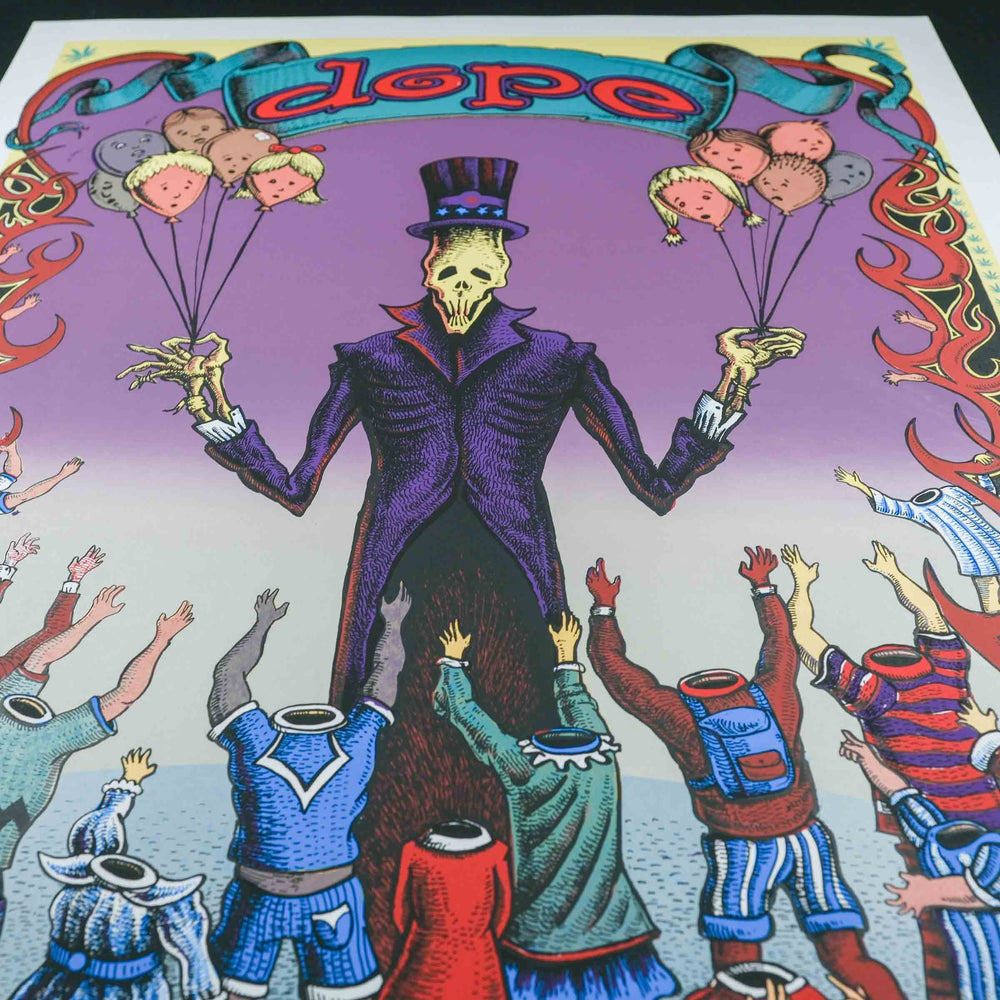 close up of emek rare dead poster with skeleton holding balloons