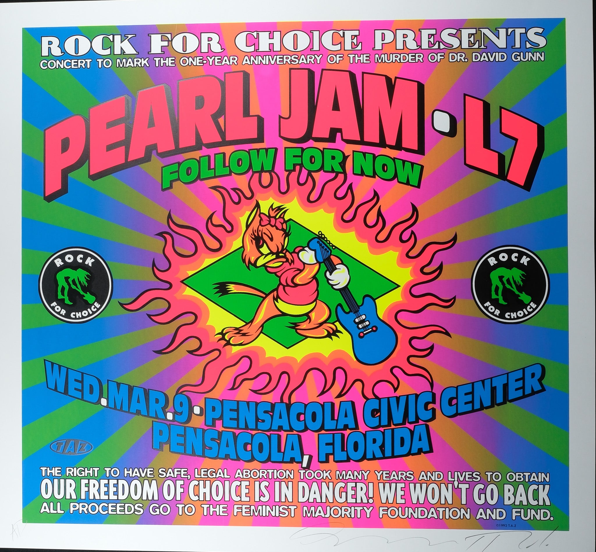 Taz Pearl Jam 1994 Rock for Choice Pensacola Concert Poster – Rare