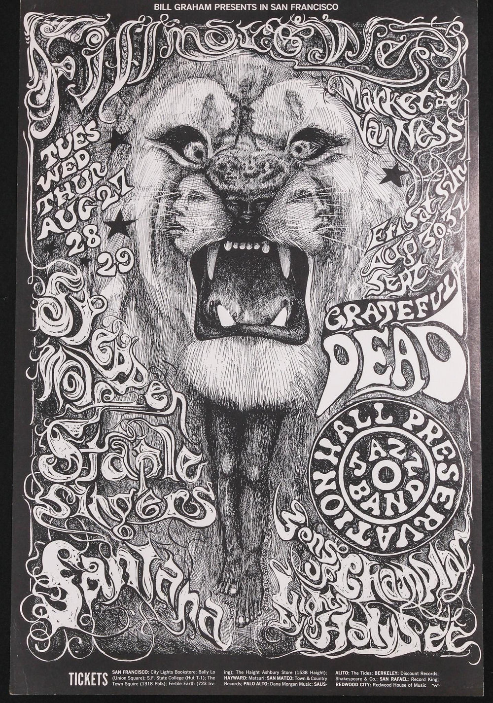 Lee Conklin Grateful Dead Santana Lion's Head 1968 San Francisco BG-134 RP-2 Concert Poster