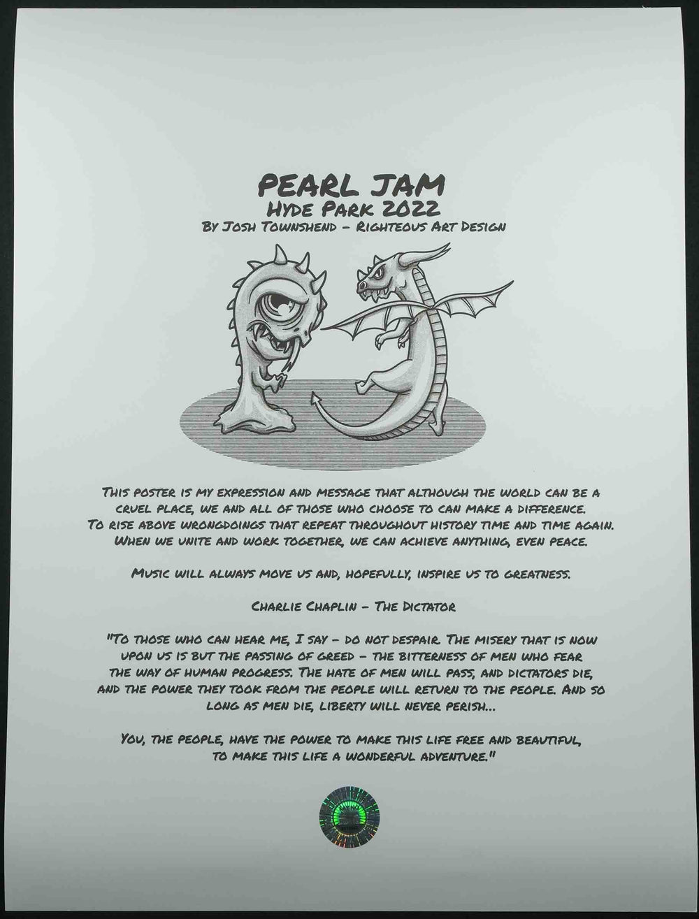 Josh Townshend Pearl Jam 2022 London Concert Poster