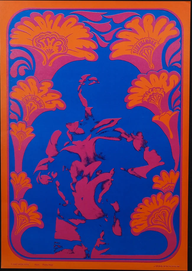 an orange and blue Victor Moscoso poster from the 1960s.