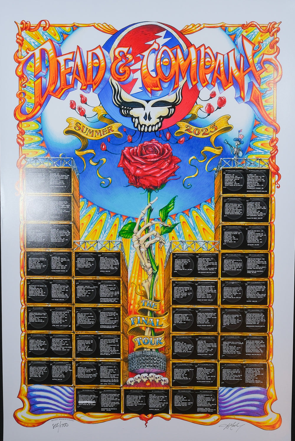 Dead and company poster with skeleton head and rose