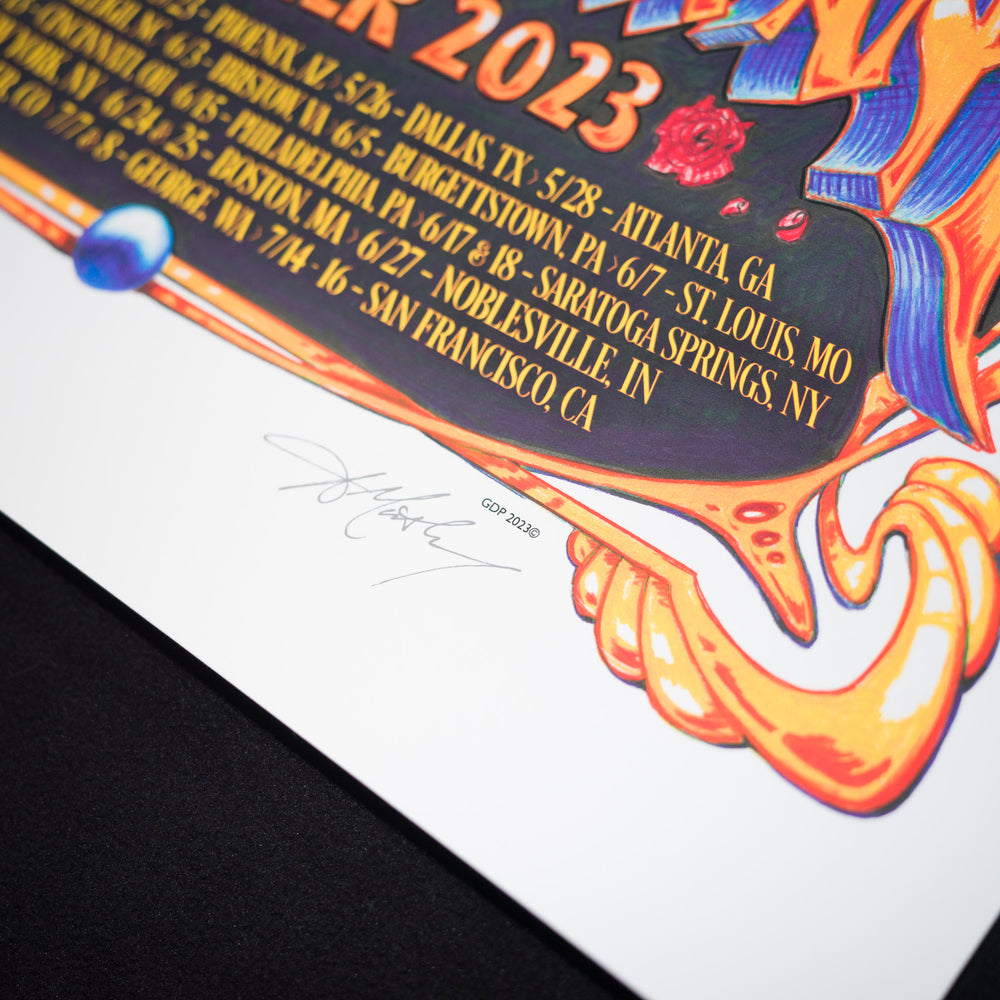 Close up of artist signature on dead and company poster 