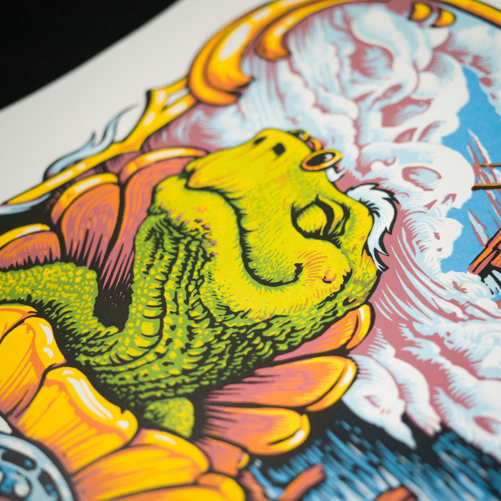 Close up of AJMasthayDeadandCompany2023SummerTourPoster with turtle