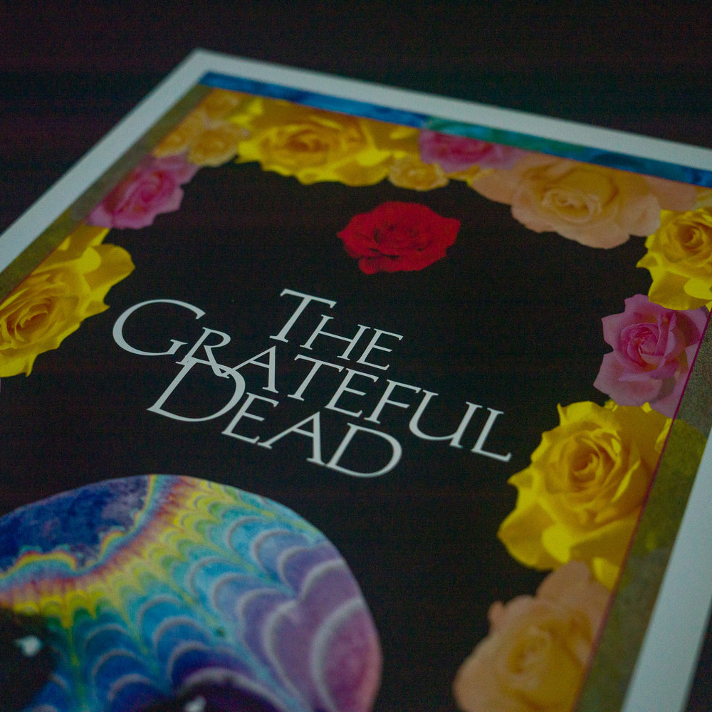 close up of grateful dead poster with skull and rose