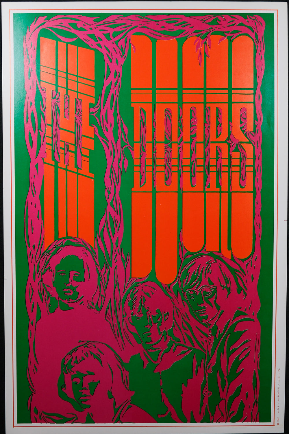 an orange and pink print of the band the doors with the words at the top and the band and the bottom