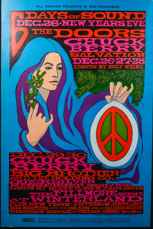 Concert Poster for 6 Days of sound in 1967 artwork with a woman holding a peace sign