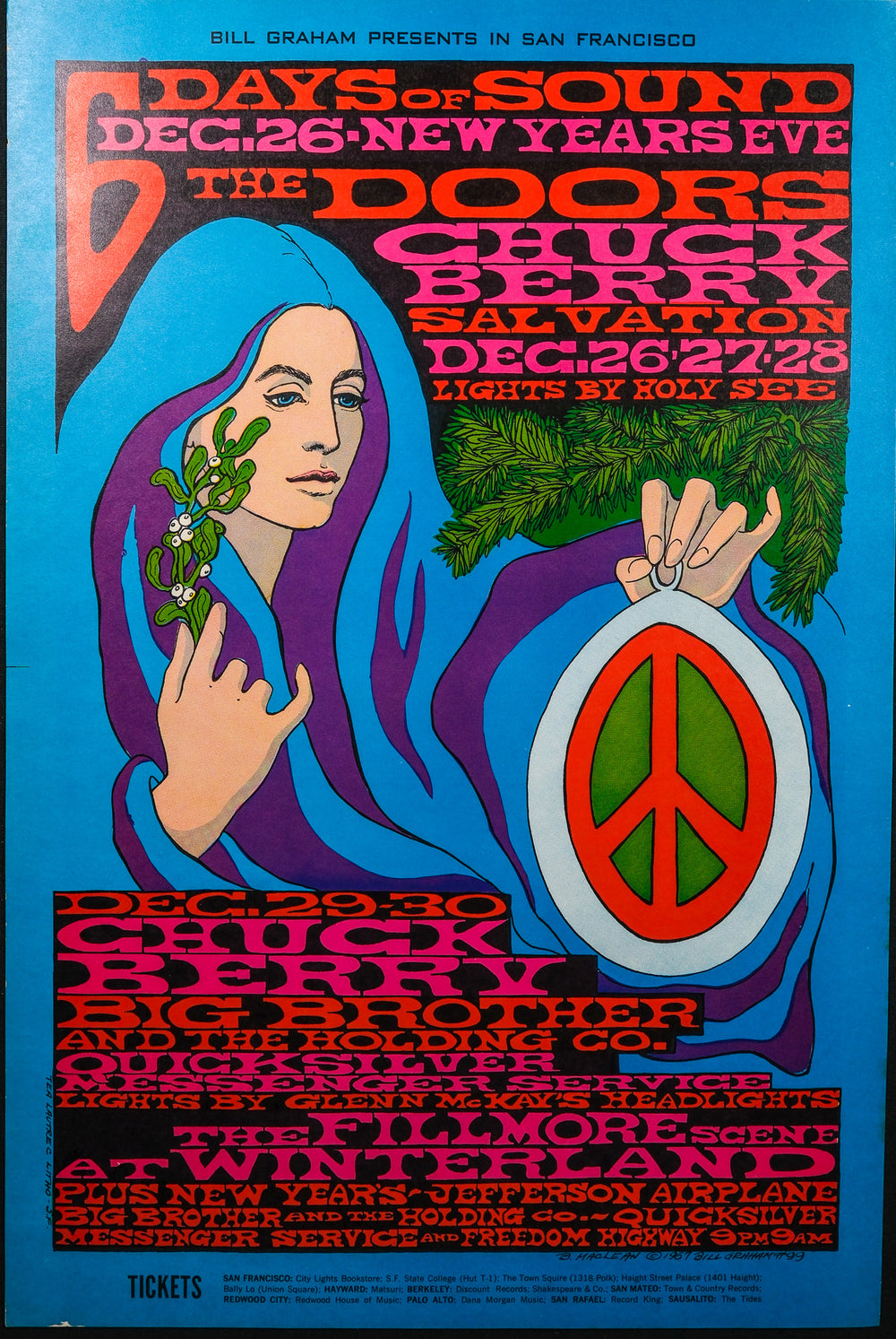 Concert Poster for 6 Days of sound in 1967 artwork with a woman holding a peace sign