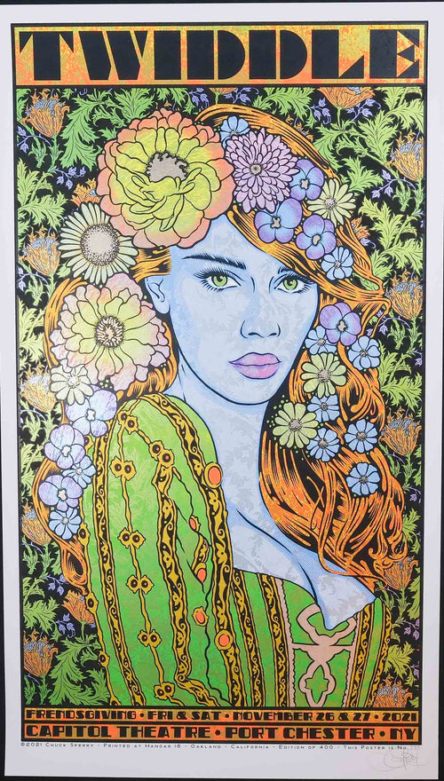 chuck sperry poster with blue woman and flowers