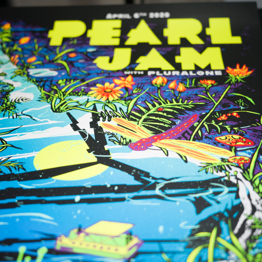 close up of MunkOne Pearl Jam 2020 Oklahoma City Concert Poster with purple dragon fly