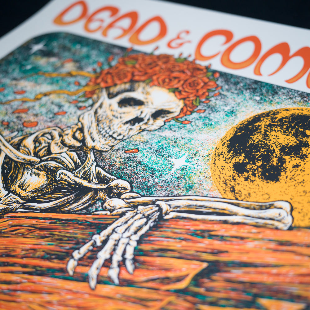 close up of Nathaniel Deas Dead and Company 2021 Red Rocks Concert Poster with skeleton and roses 