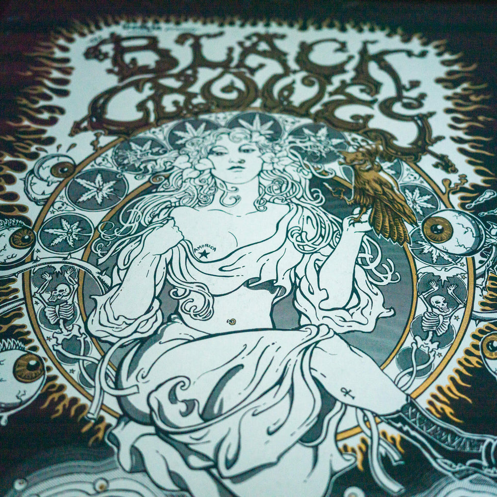 close up of emek black crowes poster with woman holding a crow