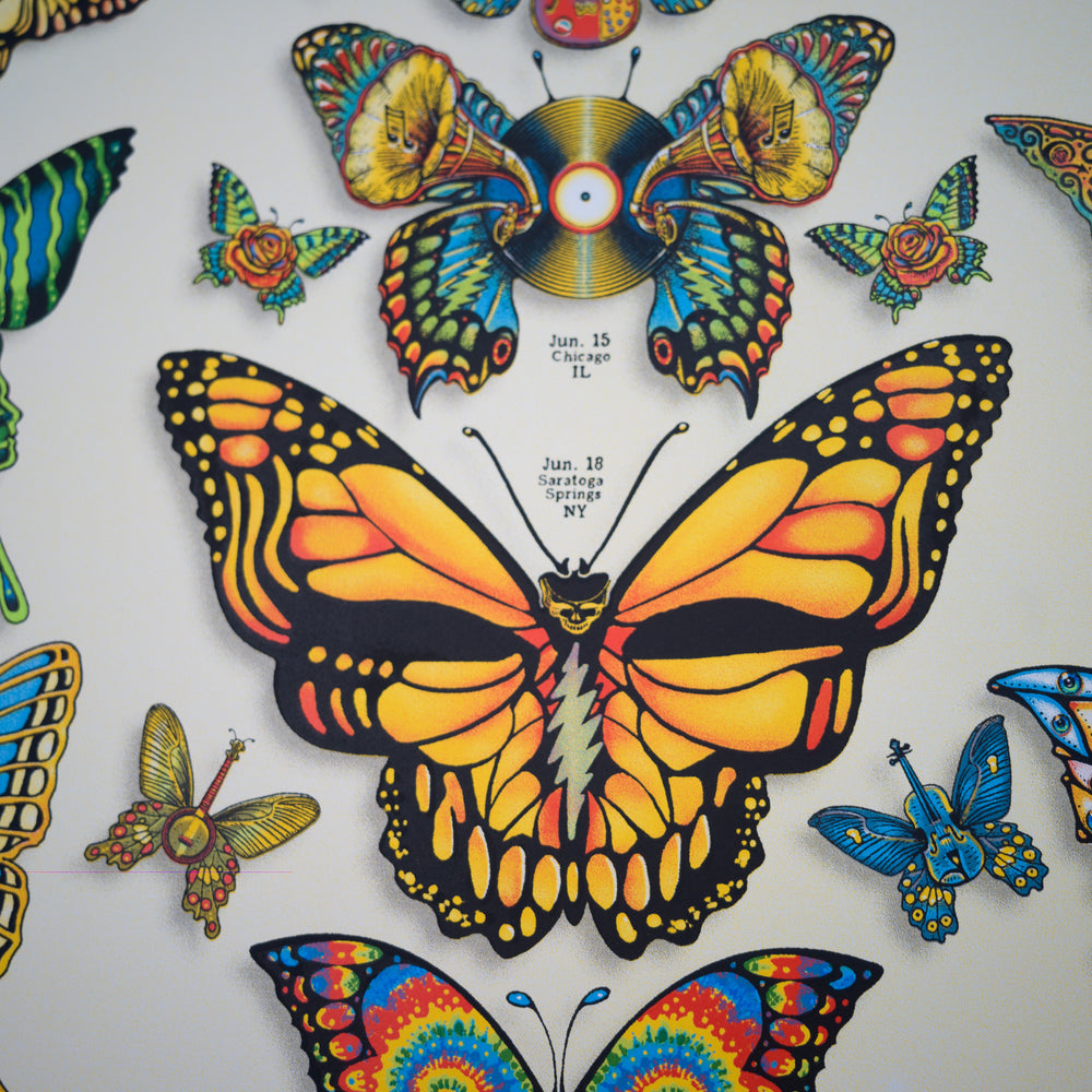 close up of emek dead and company poster with skull butterfly 