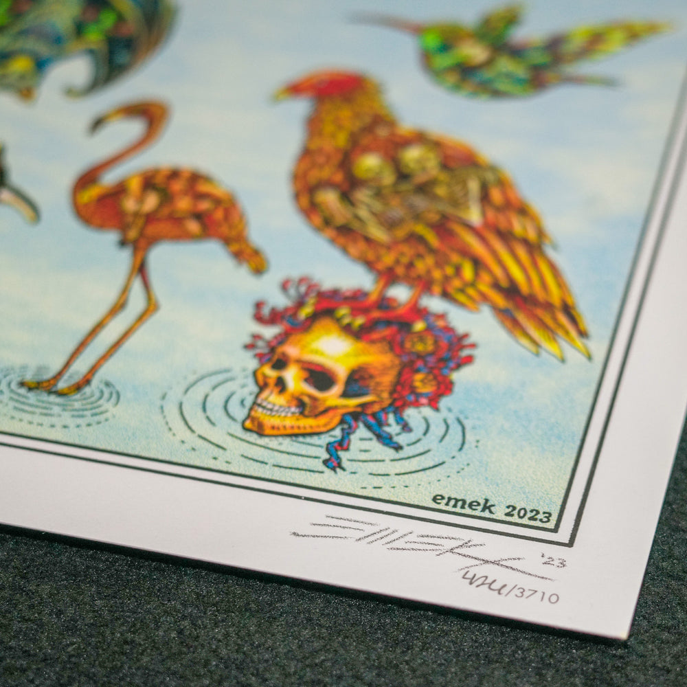 close up of emek dead and company poster with artist signature and red bird on a red skull