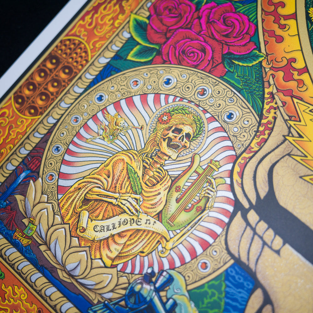 close up of grateful dead poster with skeleton smiling 