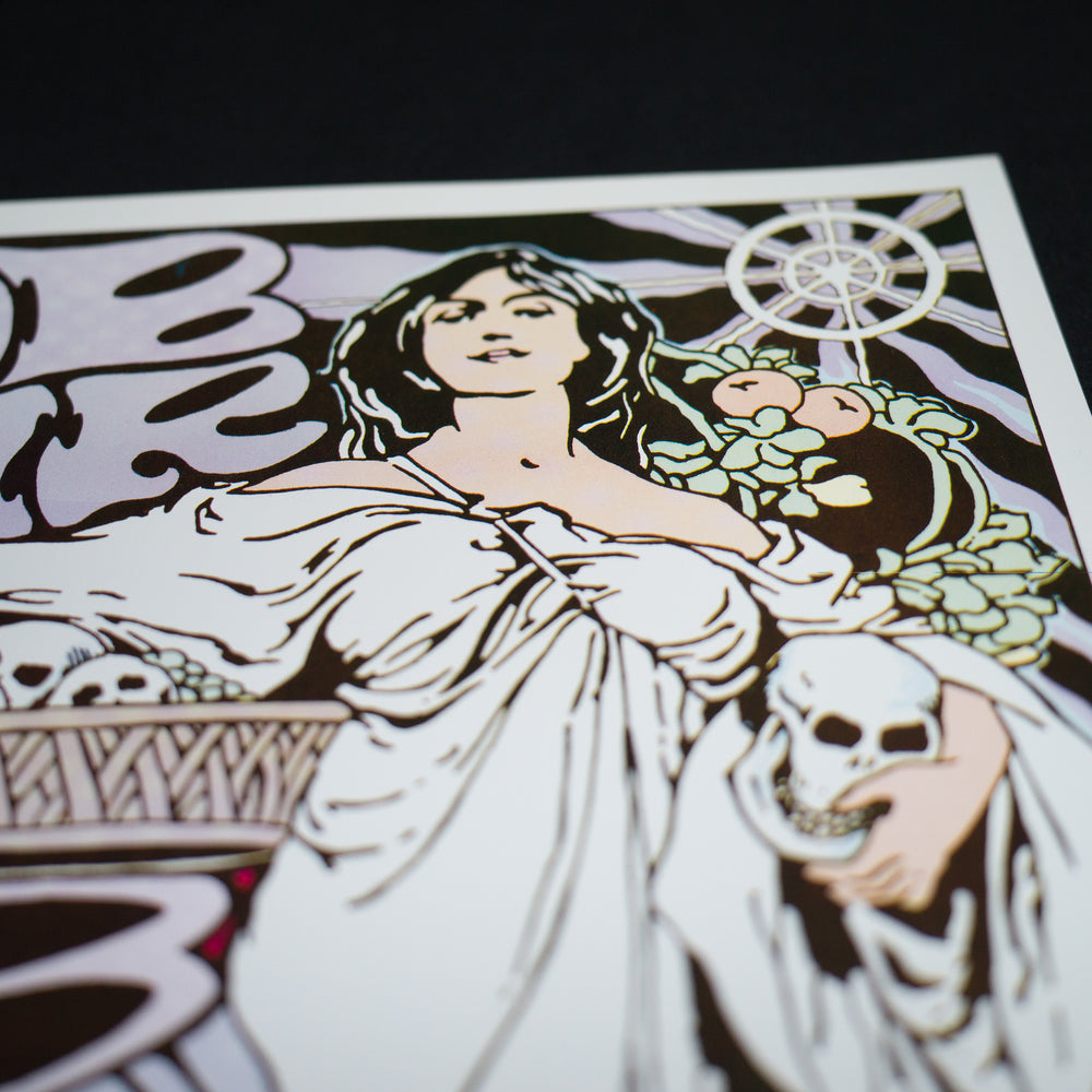 close up of frank kozik poster with woman in white robe