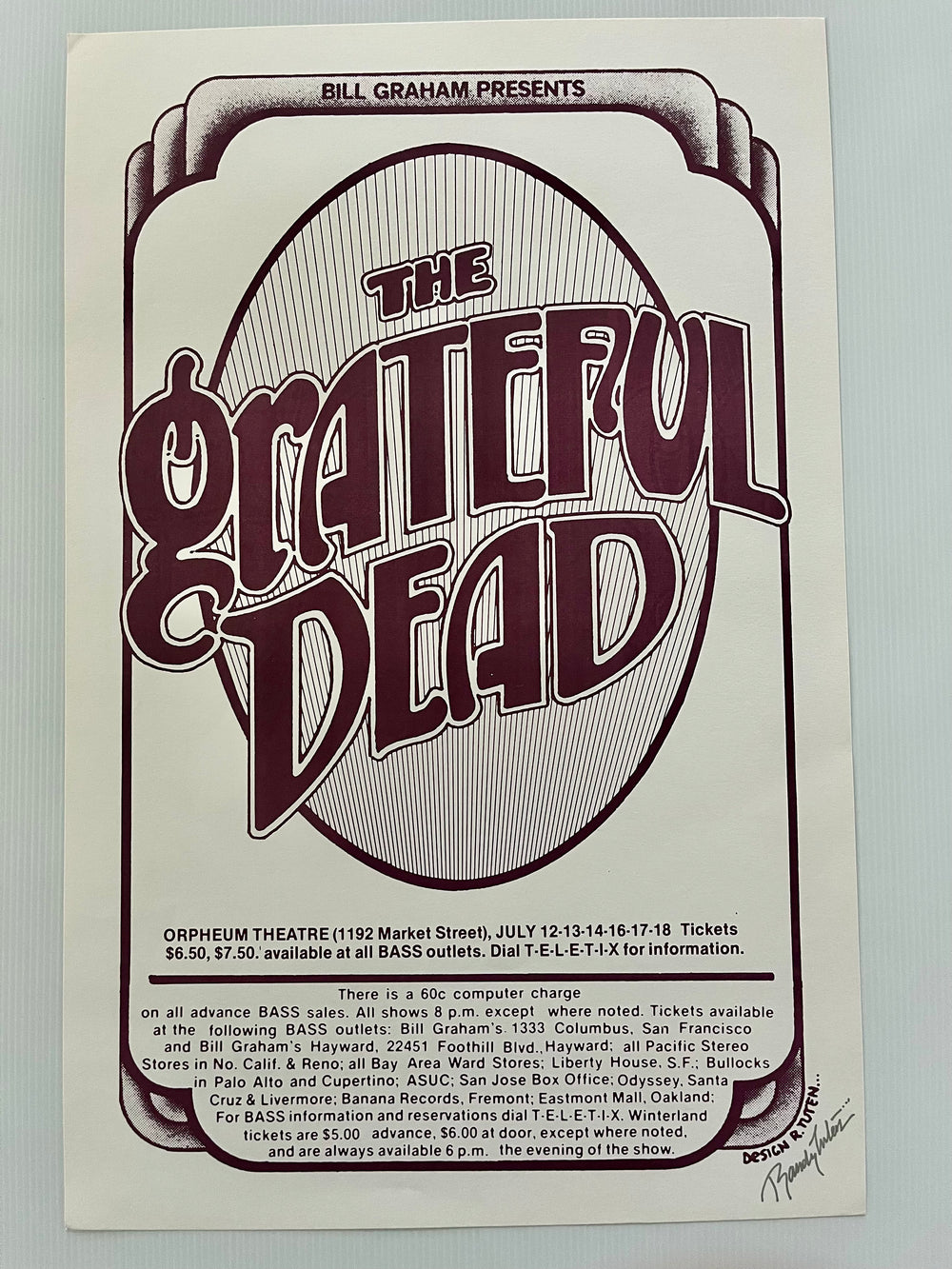 Grateful Dead 1976 Orpheum Theatre Original 1st Print Poster Signed Randy Tuten