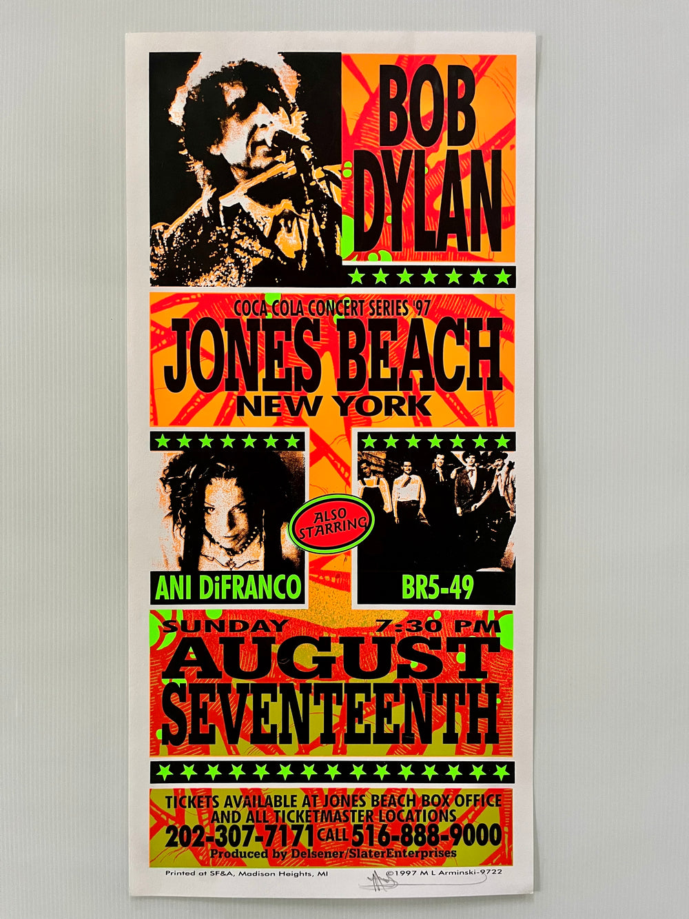 Bob Dylan Ani DiFranco 1997 Jones Beach Original Concert Poster Signed Mark Arminski