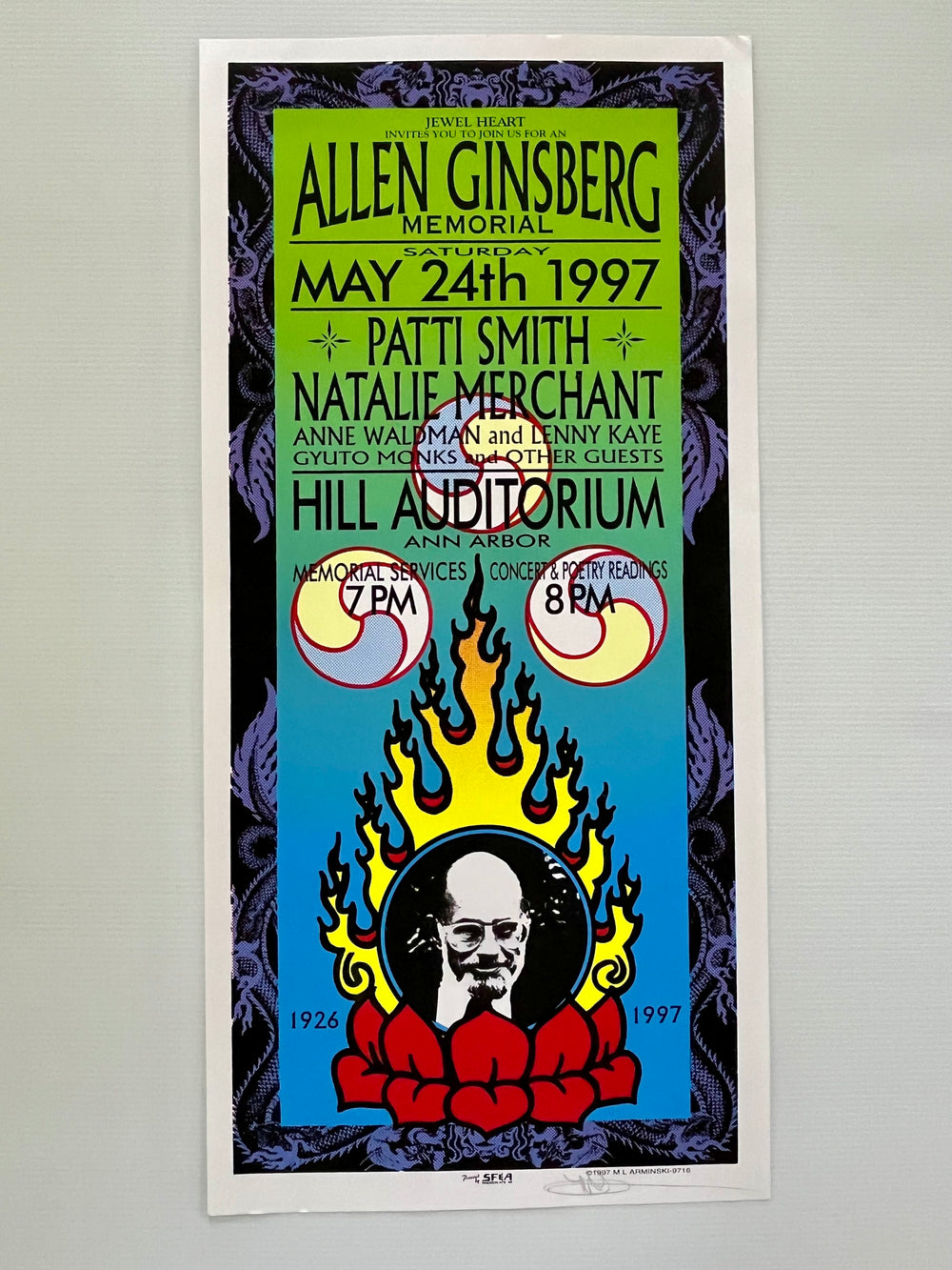 1997 Allen Ginsberg Memorial Poster Mark Arminski Signed Patti Smith Natalie Merchant MA-9716