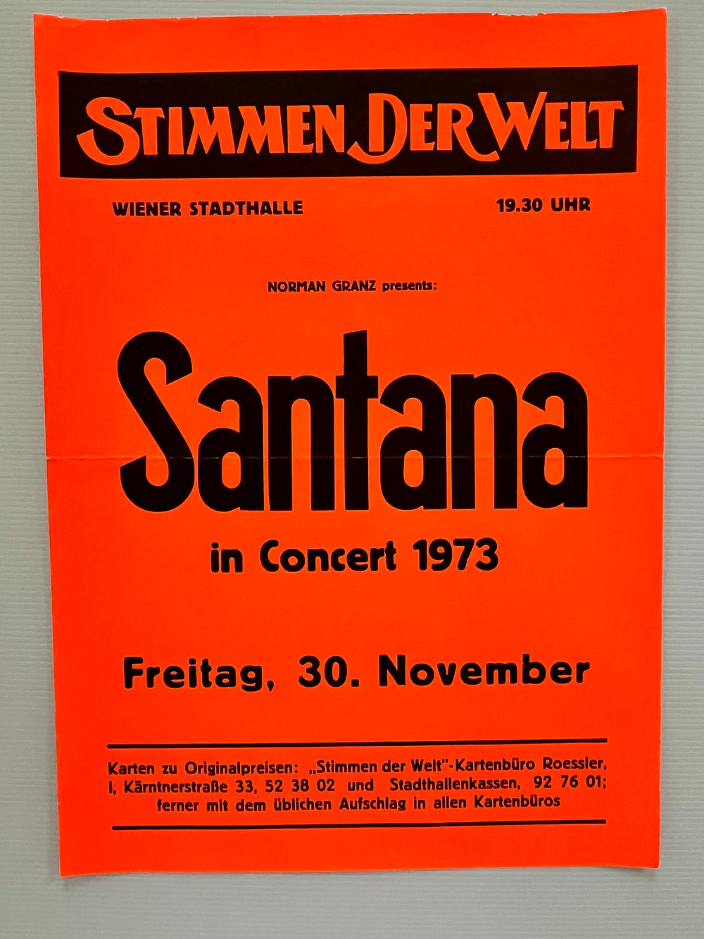 Original 1973 Santana Vienna Austria Concert Poster Wiener Stadthalle Stimmen der Welt