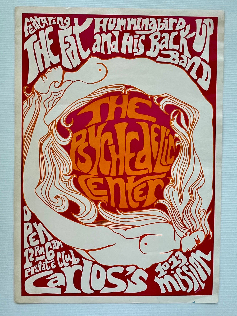 Original 1966 Psychedelic Center Poster Fat Hummingbird Carlo’s SF Bevi Stabler