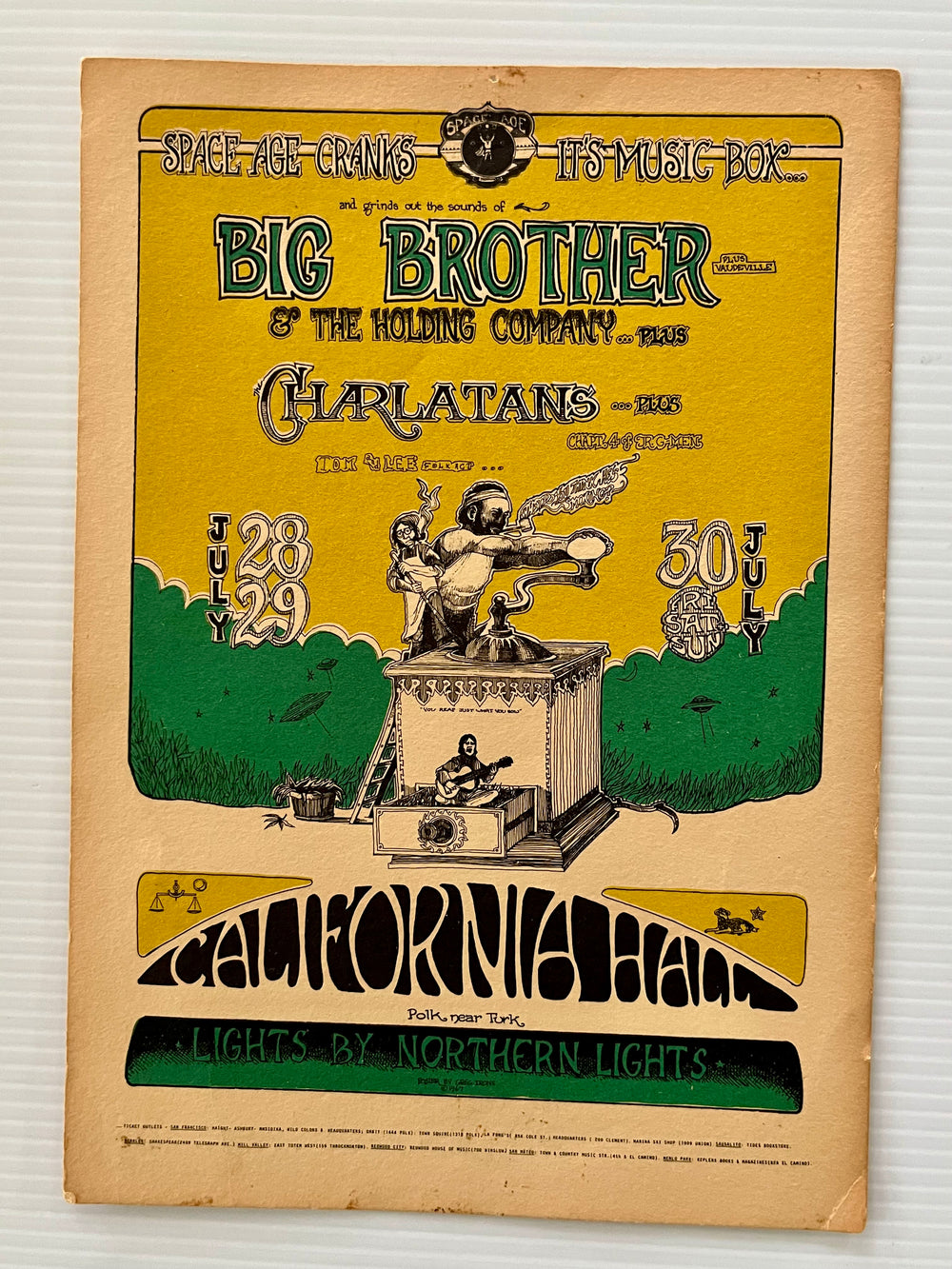 1967 Big Brother & Holding Co Janis Joplin Charlatans Greg Irons California Hall Handbill