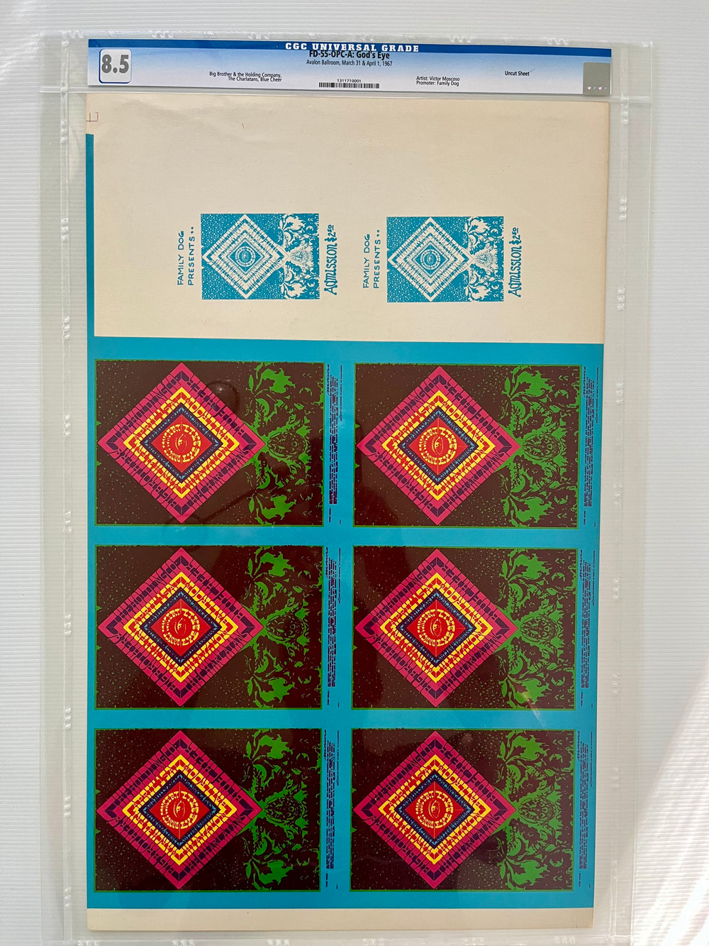 1967 FD-55 God’s Eye Victor Moscoso Original Uncut Sheet CGC 8.5 Big Brother Blue Cheer That’s a more defensible number than the $995 I gave you before.