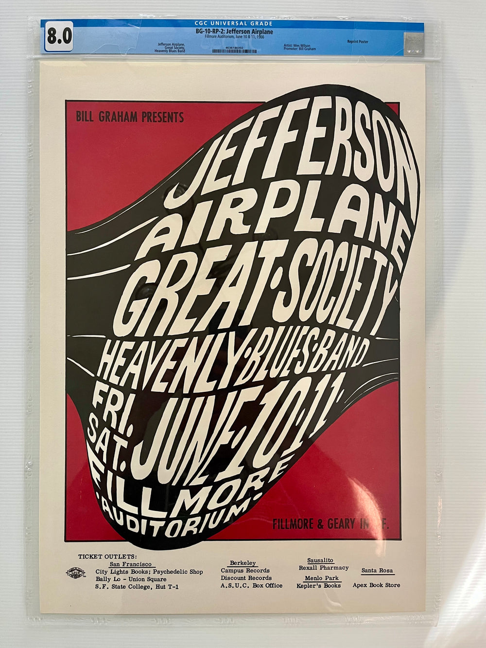1966 Jefferson Airplane BG-10-RP-2 Wes Wilson Fillmore Poster CGC 8.0
