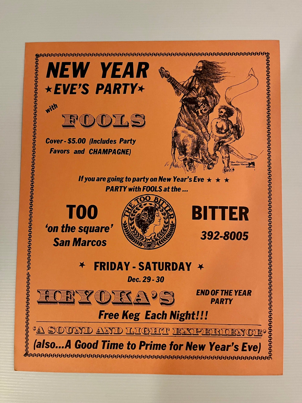 Vintage FOOLS New Year’s Eve TOO BITTER San Marcos Texas Original Concert Poster