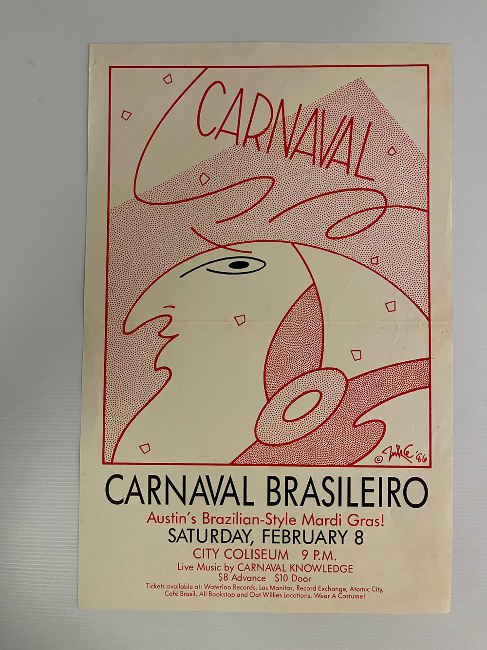 Vintage 1986 Carnaval Brasileiro Poster Austin Texas City Coliseum Guy Juke Art