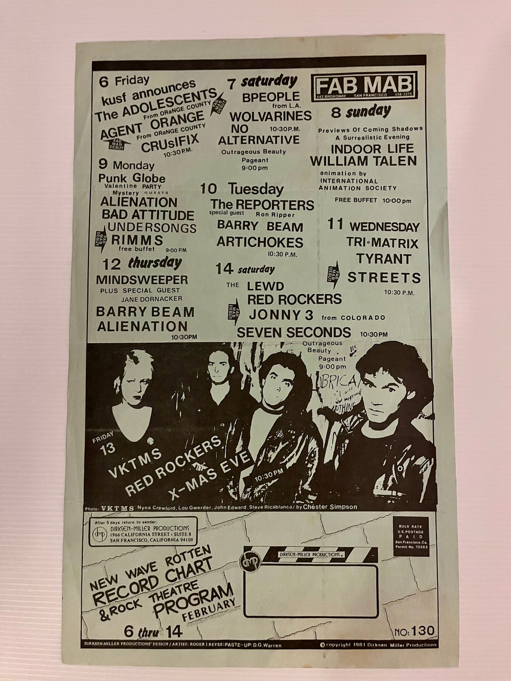 Rare Vintage 1981 Double-Sided San Francisco Punk Flyer — Mabuhay Gardens Calendar (The Adolescents, Agent Orange, 7 Seconds, No Alternative, VKTMS) & New Wave Rotten Record Chart No. 130 (Feb 1981 - Green Paper)
