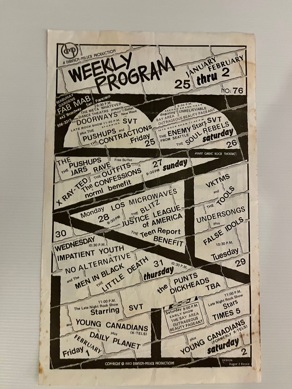 Rare Vintage 1979/1980 Double-Sided SF Punk Flyer — Mabuhay Gardens Calendar (The Cramps, Tuxedomoon, Crime) & New Wave Rotten Record Chart No. 76 (January 25, 1980 - London Calling, Specials, Pretenders)