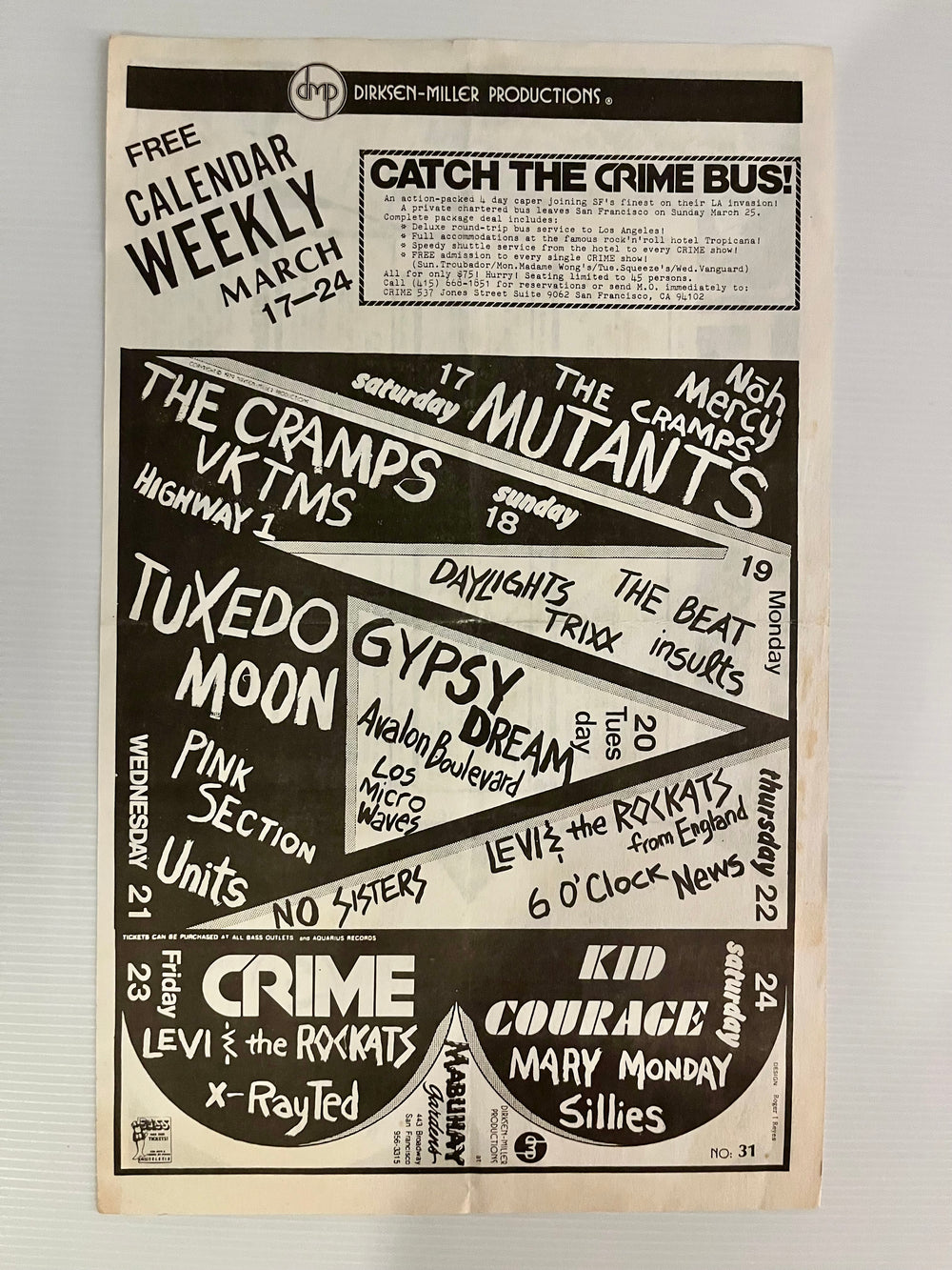 Rare Vintage 1979 Double-Sided San Francisco Punk Flyer — Mabuhay Gardens Calendar (The Cramps, Tuxedomoon, Crime, The Mutants, Noh Mercy) & Komputer Kompulation Hot Ten Record Chart (March 16, 1979 - No. 31)