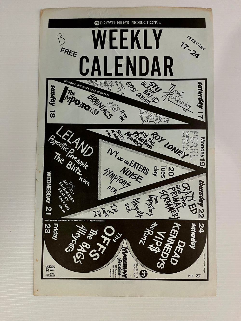 Rare Vintage 1979 Double-Sided San Francisco Punk Flyer — Mabuhay Gardens Calendar (Dead Kennedys, The Bags, The Offs, Psycotic Pineapple) & Komputer Kompulation Hot Ten Record Chart (Feb 16, 1979 - White Paper)
