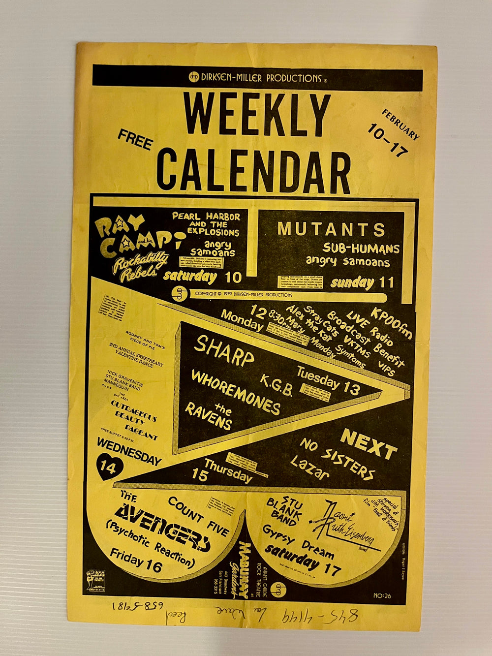 Rare Vintage 1979 Double-Sided San Francisco Punk Flyer — Mabuhay Gardens Calendar (The Avengers, Dead Kennedys / Count Five, Mutants, Angry Samoans) & Komputer Kompulation Hot Ten Record Chart (Feb 9, 1979 - Yellow Paper)