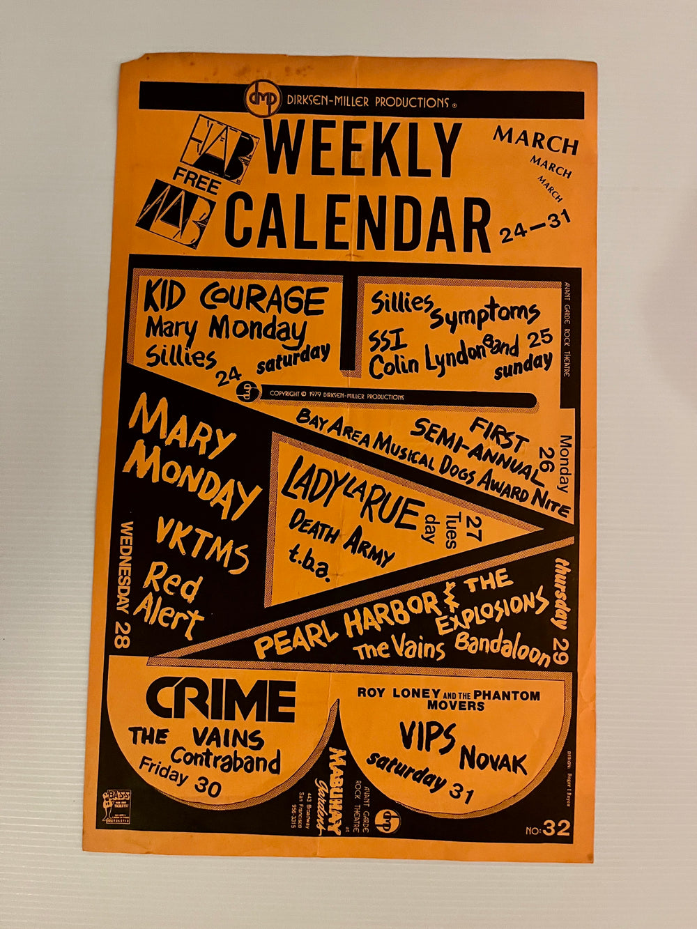 Rare Vintage 1979 Double-Sided San Francisco Punk Flyer — Mabuhay Gardens Calendar (Crime, Pearl Harbor & The Explosions, VKTMS) & Komputer Kompulation Hot Ten Record Chart (March 23, 1979 - Orange Paper)