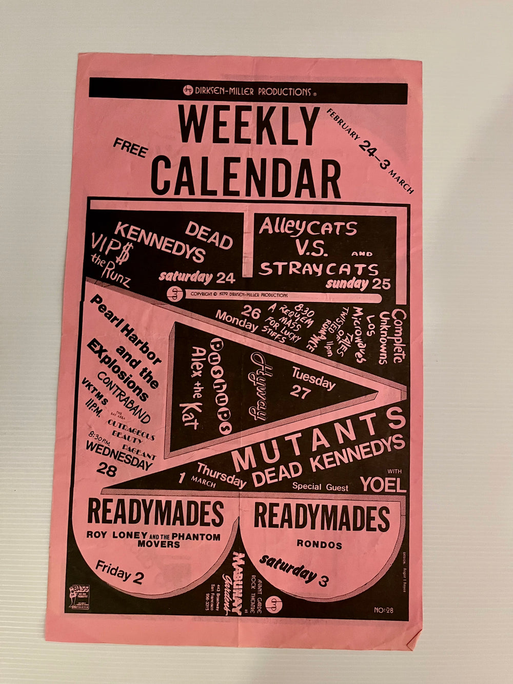 Rare Vintage 1979 Double-Sided San Francisco Punk Flyer — Mabuhay Gardens Calendar (Dead Kennedys, Mutants, Readymades) & Komputer Kompulation Hot Ten Record Chart (Feb 23, 1979 - Pink Paper)
