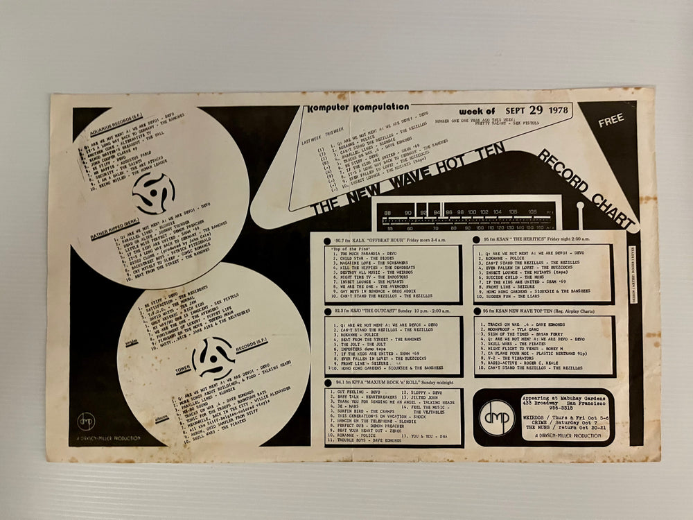 Rare Vintage 1978 San Francisco Bay Area Punk / New Wave Hot Ten Record Chart Flyer (Mabuhay Gardens / Dirksen-Miller) — Week of Sept 29, 1978 — Featuring Devo, The Ramones, Sex Pistols, The Rezillos, Blondie & The Weirdos