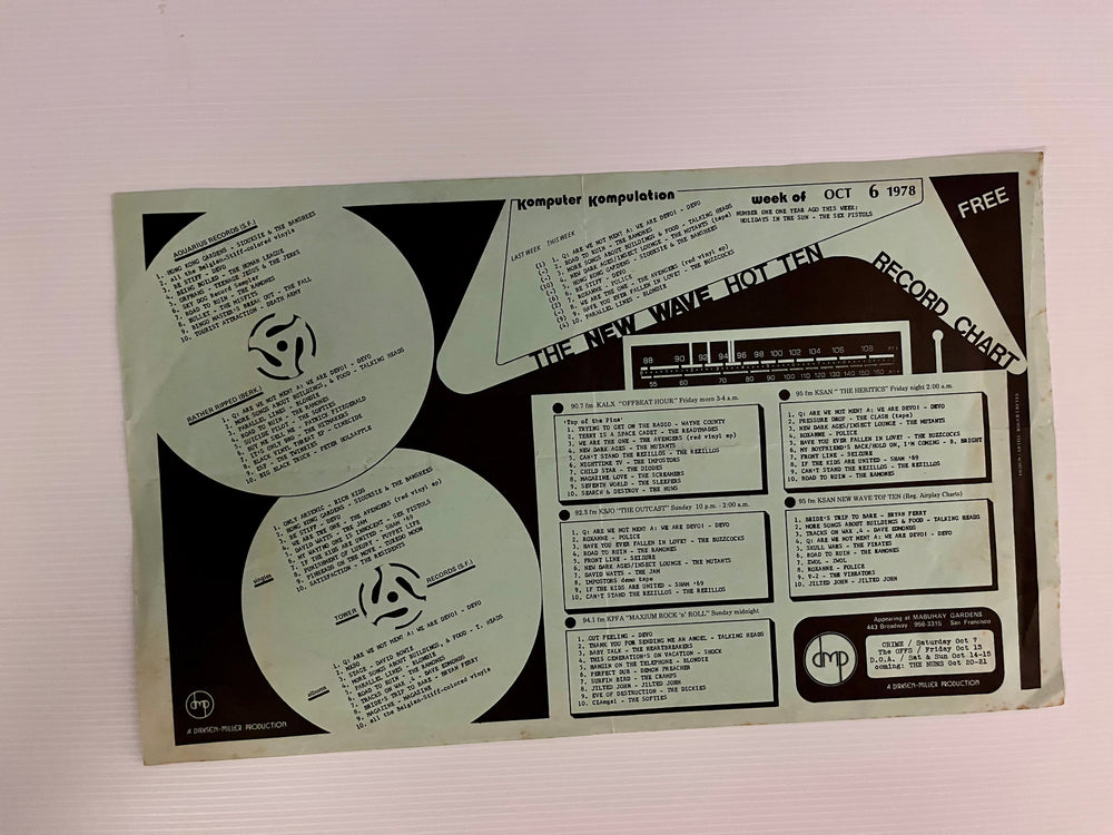 Rare Vintage 1978 San Francisco Bay Area Punk / New Wave Hot Ten Record Chart Flyer (Mabuhay Gardens / Dirksen-Miller) — Featuring Devo, The Ramones, Sex Pistols, Siouxsie, The Clash & The Avengers